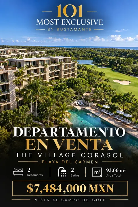 departamento en venta en playa del Carmen en the Village corasol con vista al campo de golf